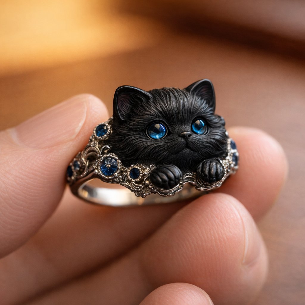 💍Hand-Engraved 925 Sterling Silver Kitten Ring | Diamond-Inlaid Cat Lover Jewelry💎