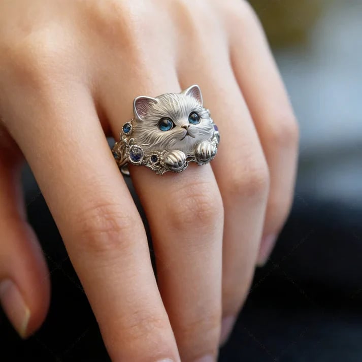 💍Hand-Engraved 925 Sterling Silver Kitten Ring | Diamond-Inlaid Cat Lover Jewelry💎