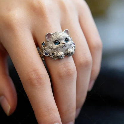 💍Hand-Engraved 925 Sterling Silver Kitten Ring | Diamond-Inlaid Cat Lover Jewelry💎