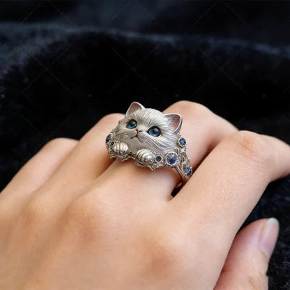 💍Hand-Engraved 925 Sterling Silver Kitten Ring | Diamond-Inlaid Cat Lover Jewelry💎