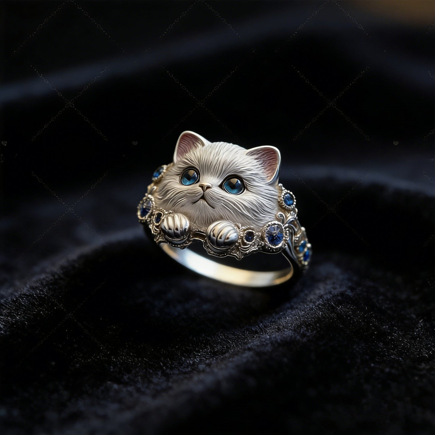 💍Hand-Engraved 925 Sterling Silver Kitten Ring | Diamond-Inlaid Cat Lover Jewelry💎