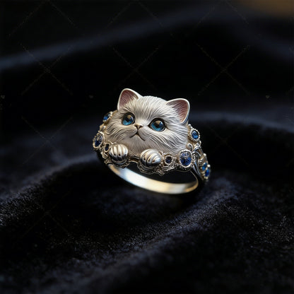 💍Hand-Engraved 925 Sterling Silver Kitten Ring | Diamond-Inlaid Cat Lover Jewelry💎