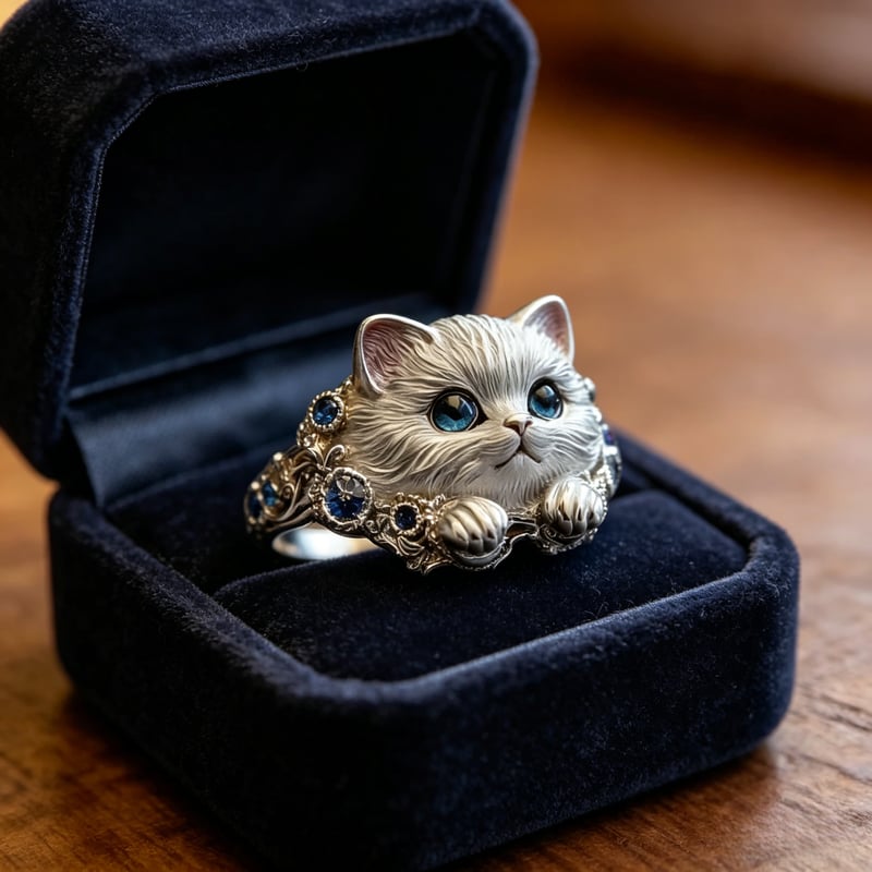💍Hand-Engraved 925 Sterling Silver Kitten Ring | Diamond-Inlaid Cat Lover Jewelry💎