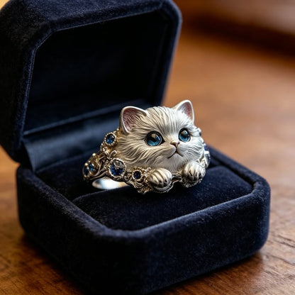 💍Hand-Engraved 925 Sterling Silver Kitten Ring | Diamond-Inlaid Cat Lover Jewelry💎
