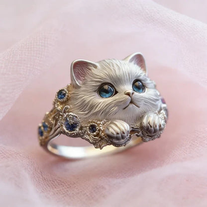 💍Hand-Engraved 925 Sterling Silver Kitten Ring | Diamond-Inlaid Cat Lover Jewelry💎