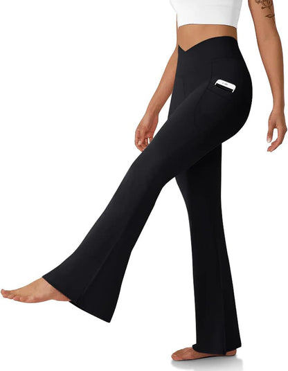 Women's Flare Leggings with Pockets Crossover High Waisted Bootcut Yoga Pants Tummy Control Bell Bottom Leggings