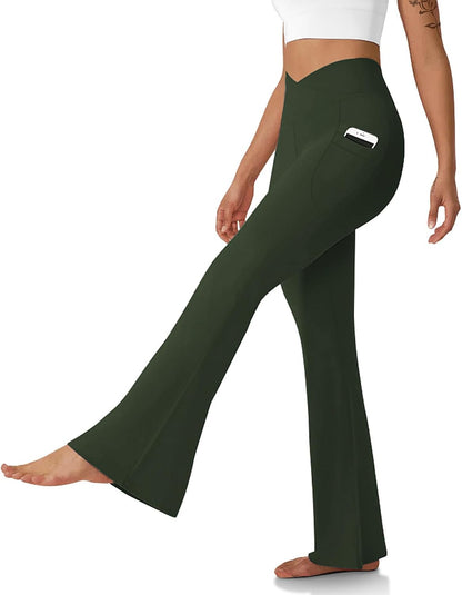 Women's Flare Leggings with Pockets Crossover High Waisted Bootcut Yoga Pants Tummy Control Bell Bottom Leggings