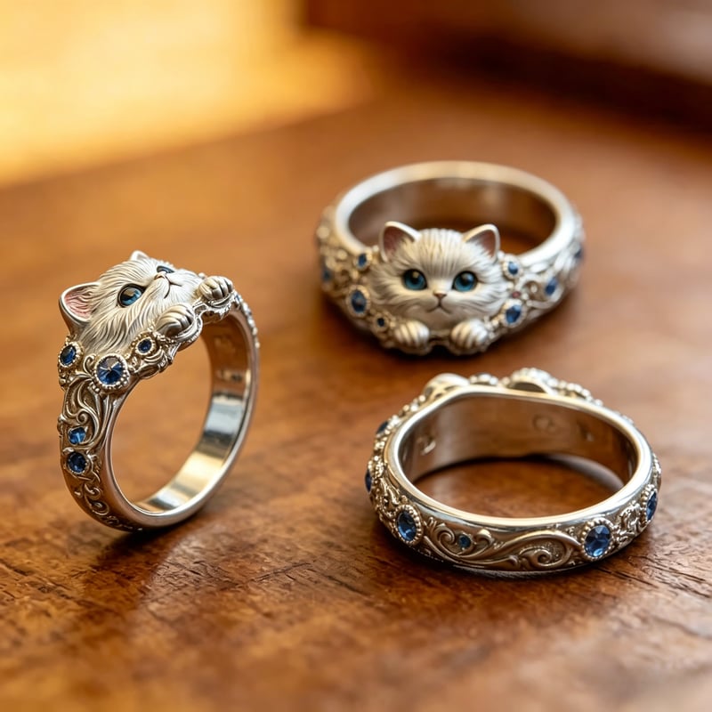 💍Hand-Engraved 925 Sterling Silver Kitten Ring | Diamond-Inlaid Cat Lover Jewelry💎