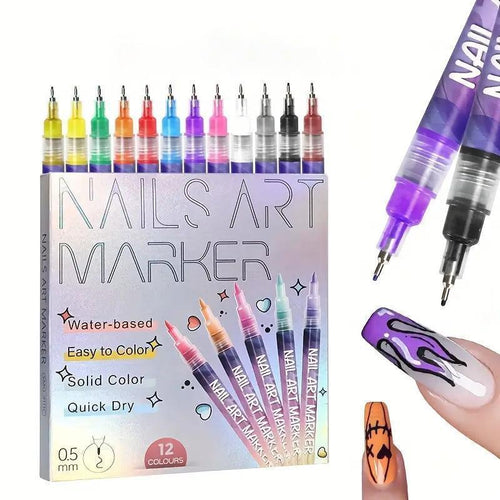12 Color Nail Doodle Pen – Quick Drying Nail Art Pen for 3D Dot Embroidery & DIY Manicures
