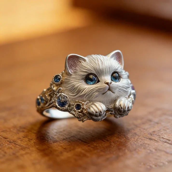 💍Hand-Engraved 925 Sterling Silver Kitten Ring | Diamond-Inlaid Cat Lover Jewelry💎