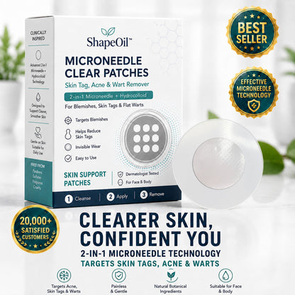 ✨ShapeOil®2-in-1 Microneedle & Hydrocolloid Patch🍀| Removes Raised Moles, Acne, Flat Warts & Skin Tags | Helps Improve Wrinkles, Scars & Blemishes | Invisible Patches for Face & Body